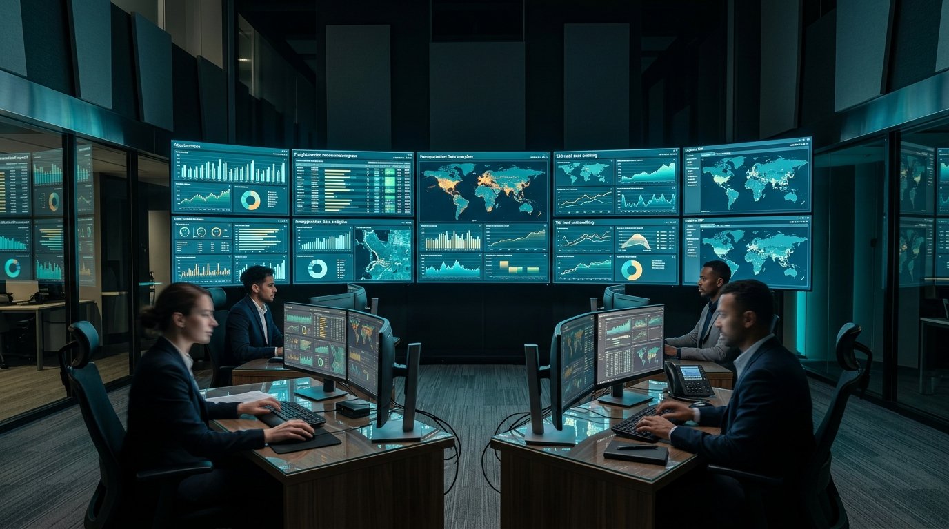 Sala de controle financeiro e auditoria de faturas de frete com painéis de dados logísticos