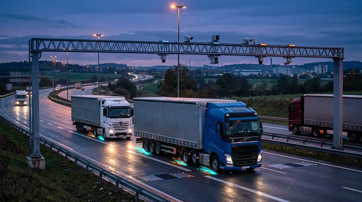 Balança rodoviária de pesagem em movimento com sensores de eixo e pórtico inteligente em rodovia federal
