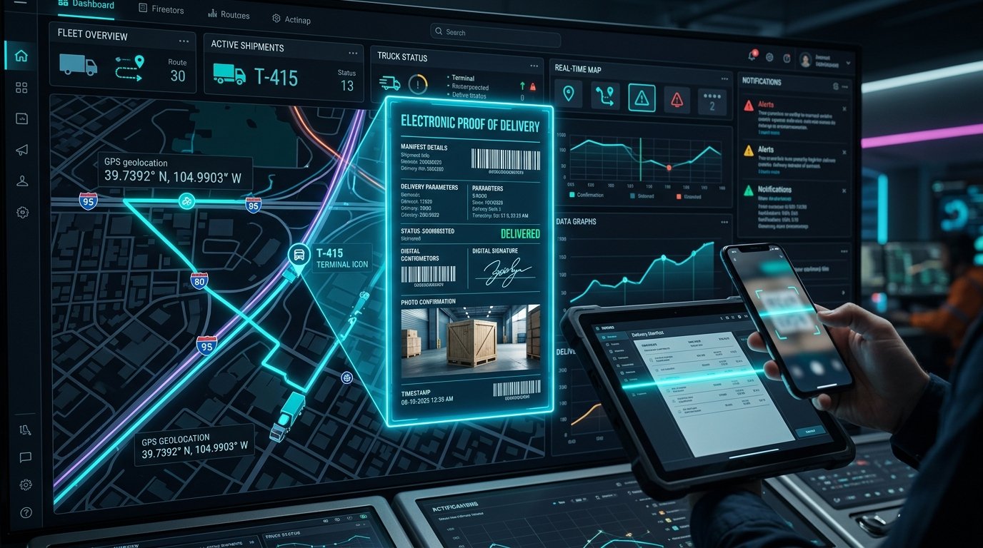 Painel de telemetria logística exibindo comprovação de entrega digital com mapa GPS e canhoto eletrônico