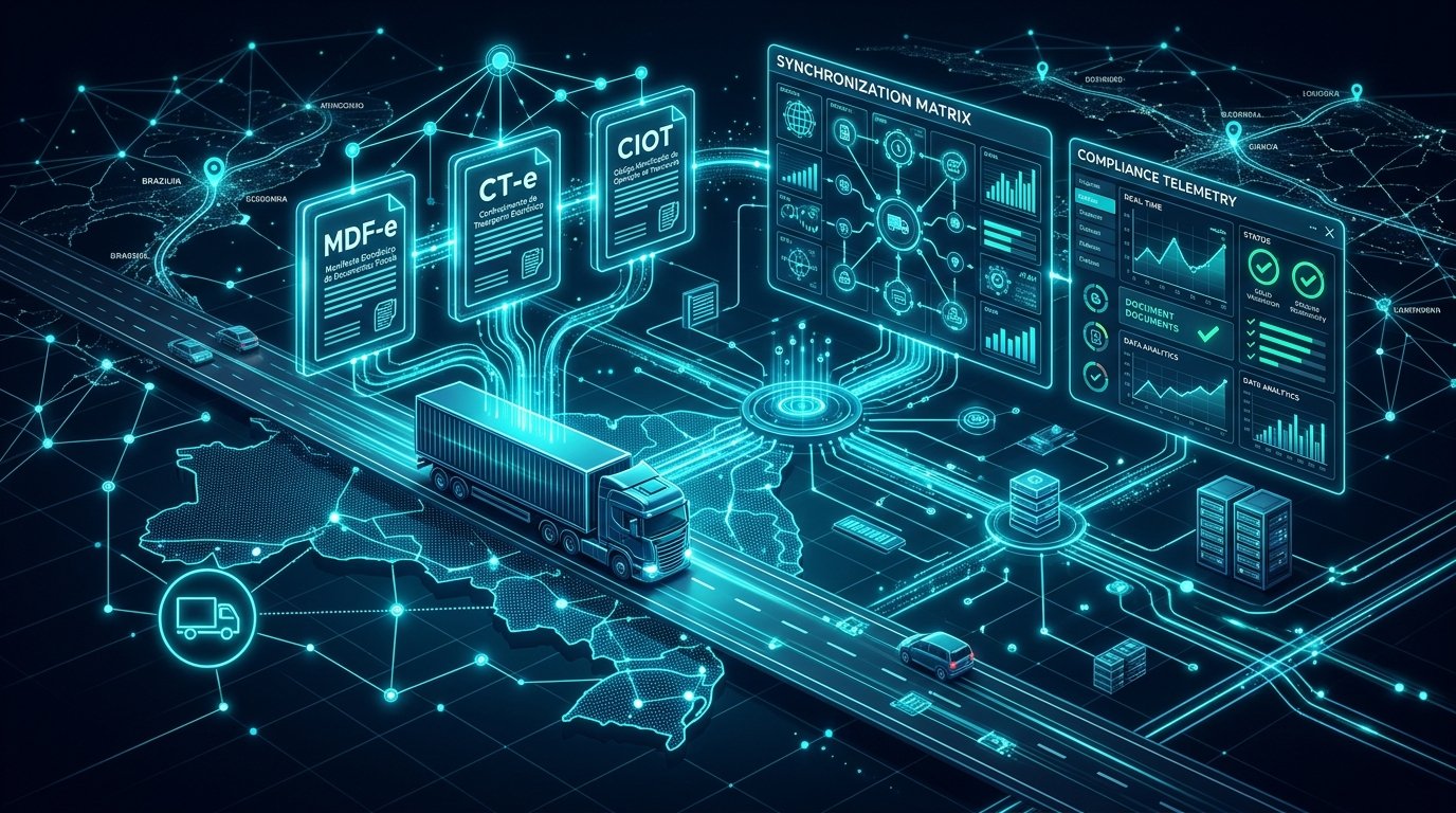 Visão esquemática em alta definição da sincronização digital entre documentos fiscais eletrônicos CT-e, MDF-e e o código regulatório CIOT para o transporte rodoviário de cargas.
