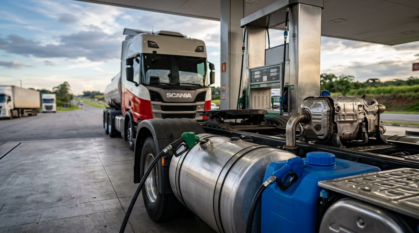 Tanque de combustível diesel e bocal azul de ARLA 32 em caminhão pesado moderno na rodovia
