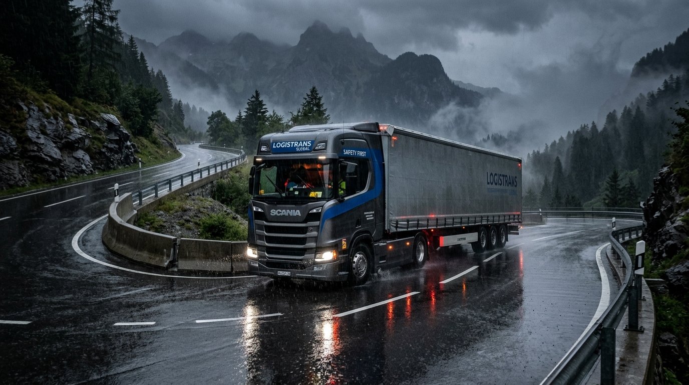 Caminhão pesado articulado trafegando com segurança em rodovia sinuosa de serra sob chuva torrencial e neblina
