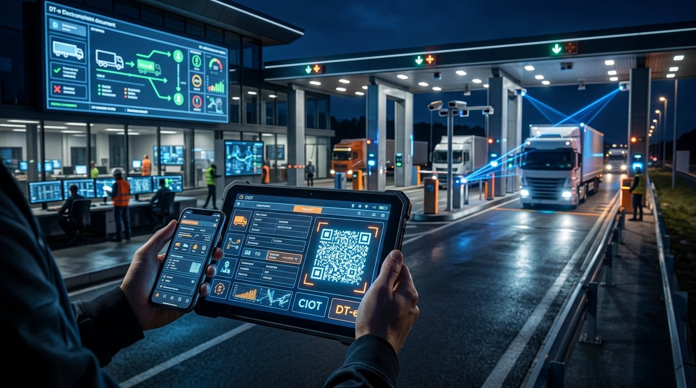 Interface digital do Documento Eletrônico de Transporte DT-e em tablet com posto de fiscalização inteligente ao fundo