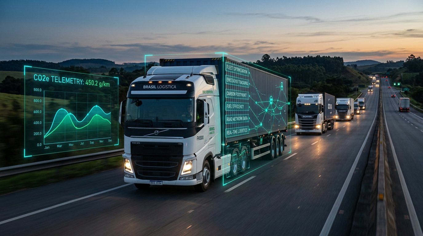 Caminhões comerciais em rodovia com visualização de dados de telemetria e emissões de carbono CO2e em neon ciano e verde esmeralda