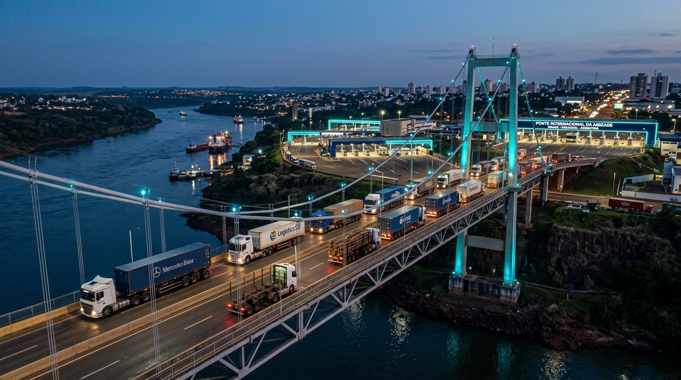 Caminhões pesados de carga atravessando ponte internacional de fronteira entre Brasil, Argentina e Paraguai ao entardecer com portal de controle aduaneiro iluminado em ciano