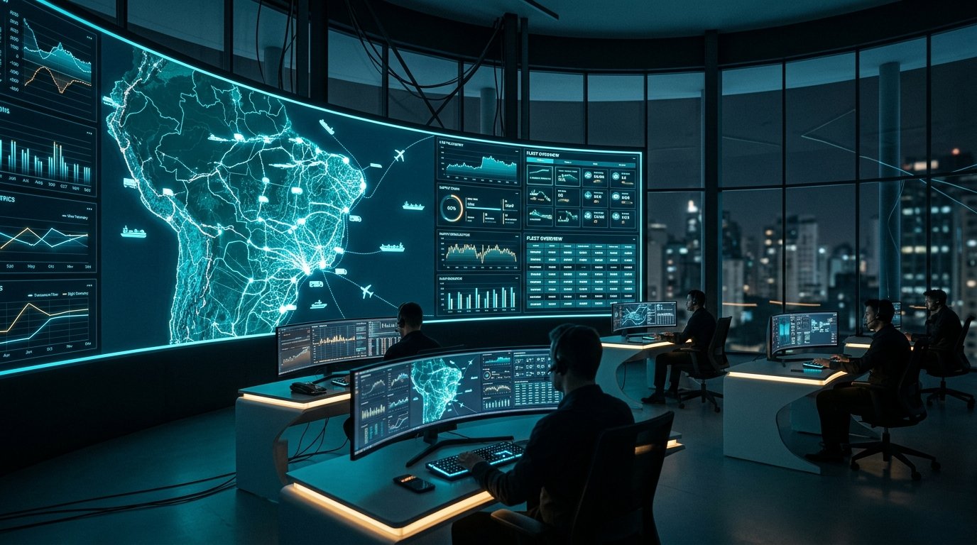Sala de operações de torre de controle logística moderna com telas exibindo mapa de frotas e telemetria
