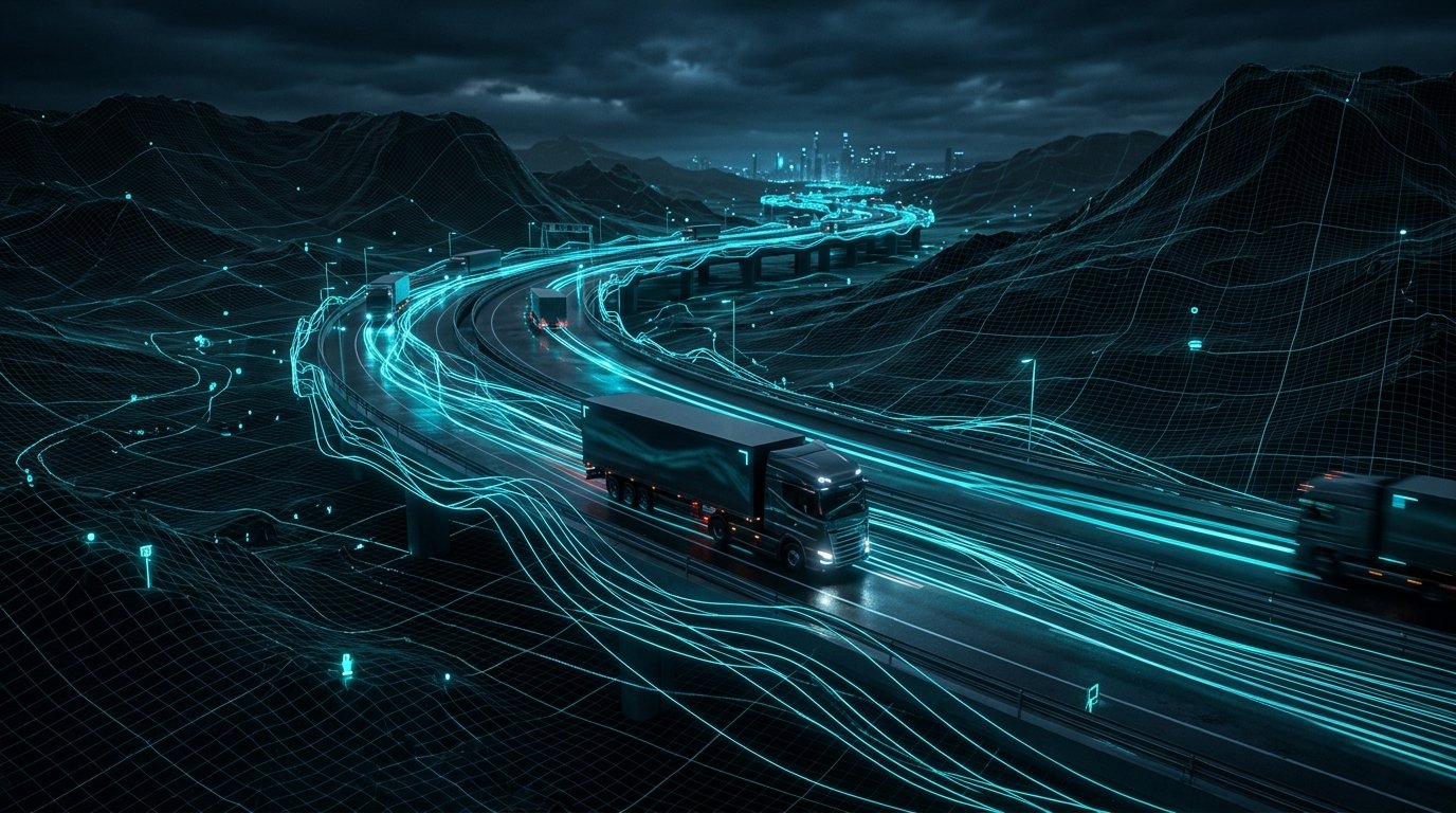 Visualização de rodovia inteligente com feixes de dados de rede neural e caminhão em tráfego preditivo
