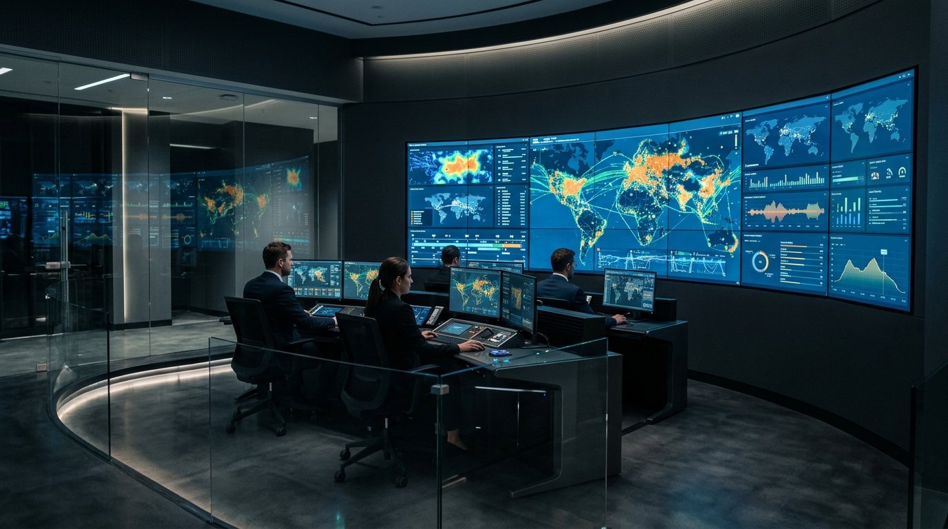Centro de comando executivo de supply chain com telas curvas exibindo indicadores e mapas de frete