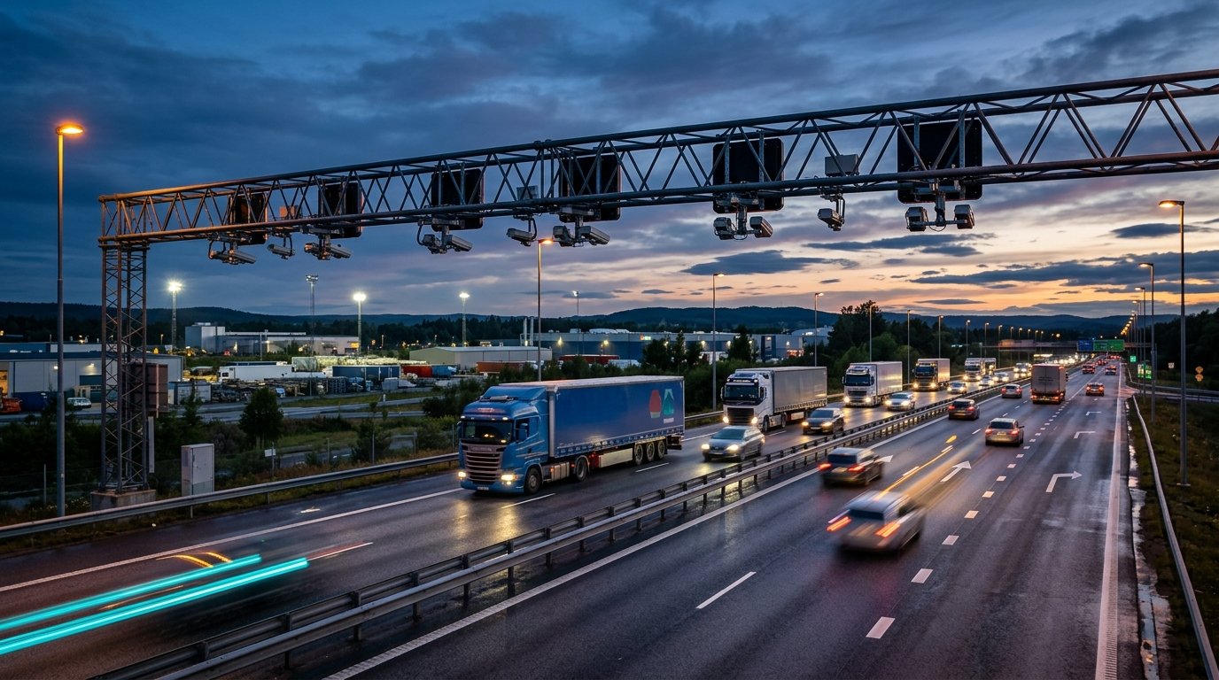 Pórtico eletrônico de pedágio Free Flow em rodovia com câmeras OCR e veículos em velocidade de tráfego
