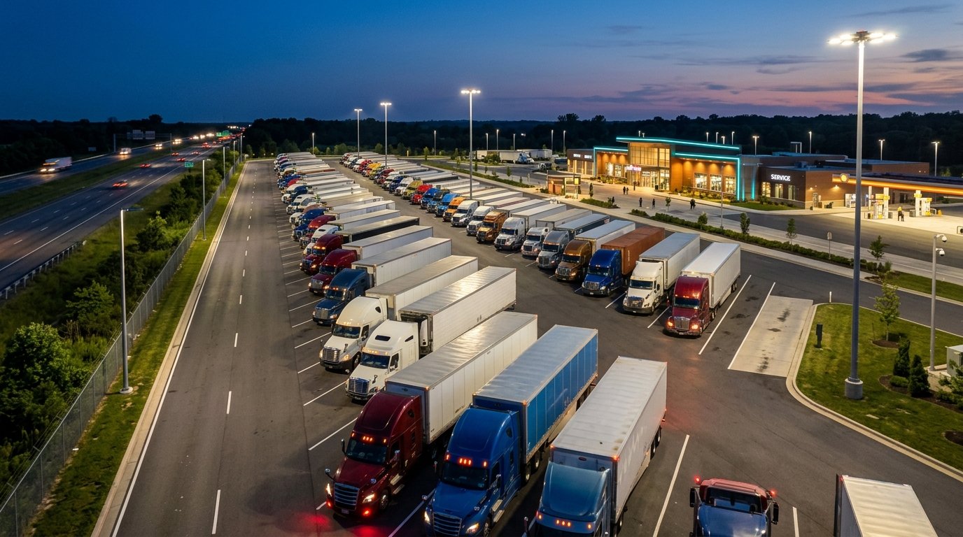 Ponto de Parada e Descanso certificado com pátio seguro, iluminação em LED e caminhões comerciais estacionados