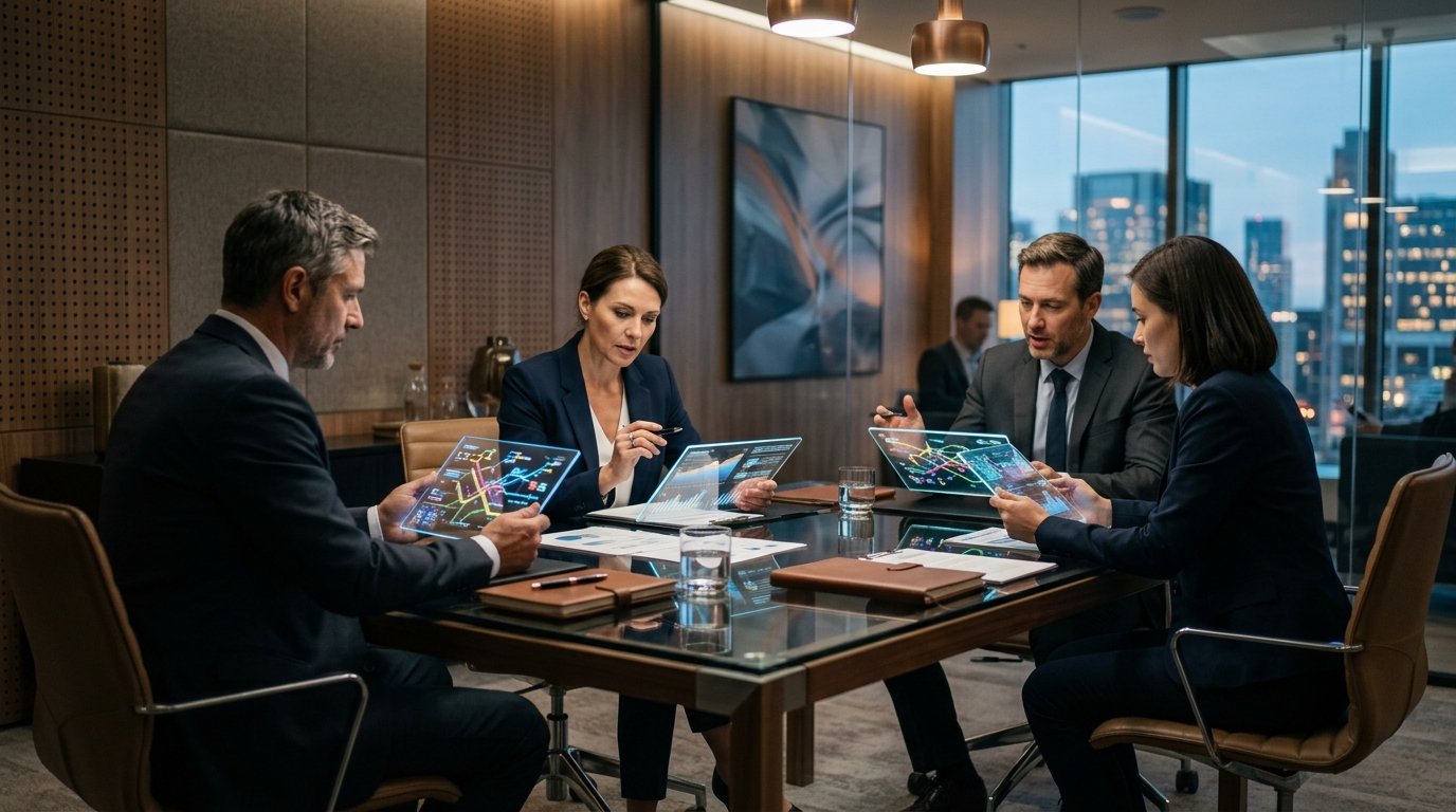 Mesa de negociação executiva de compras de frete com executivos analisando contratos e rotas
