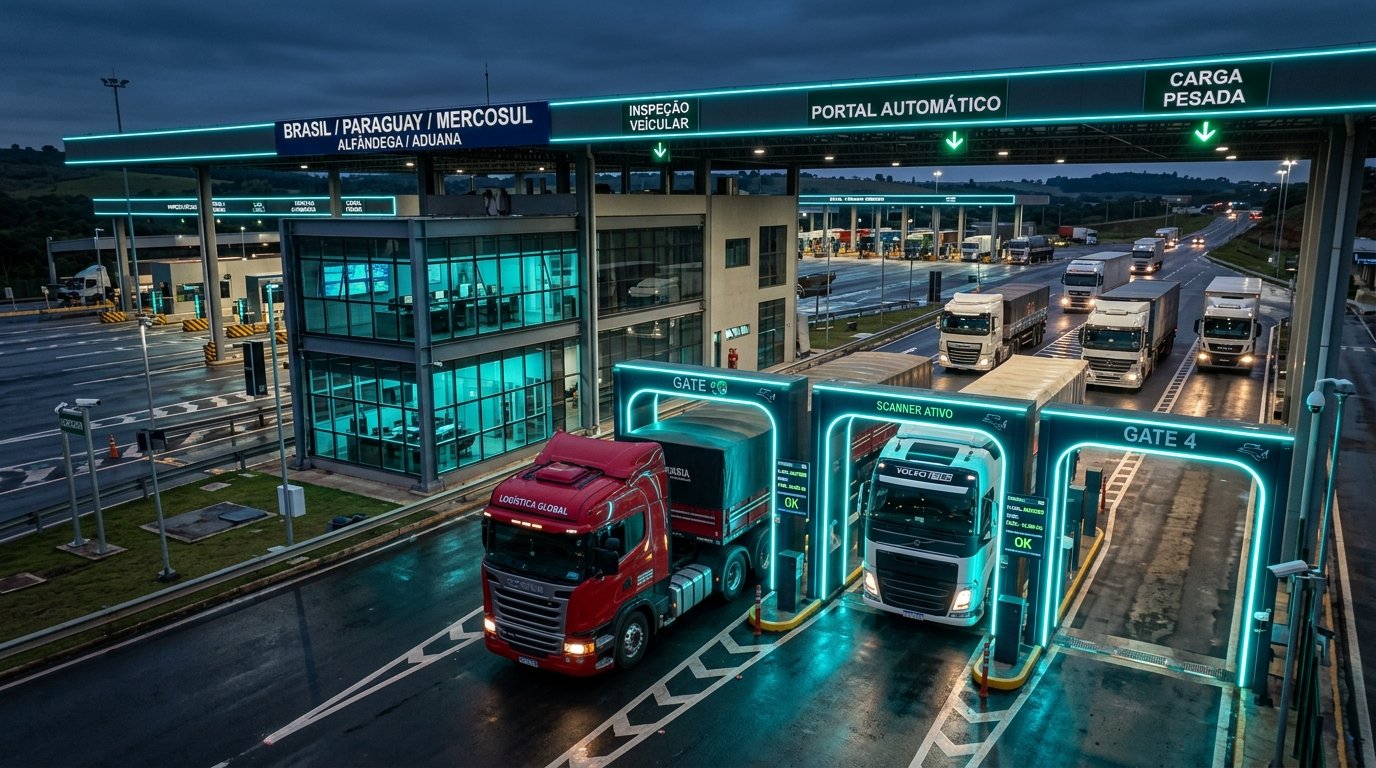Operação de transporte rodoviário internacional de cargas (TRIC) em posto de controle aduaneiro na fronteira Brasil-Mercosul com iluminação ciano e verificação digital