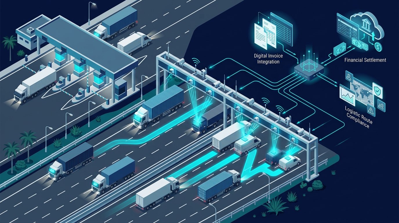 Visão aérea conceitual e geométrica de praças de pedágio físicas e pórticos Free Flow em rodovia brasileira com caminhões pesados e transmissão eletrônica de dados do Vale-Pedágio Obrigatório.